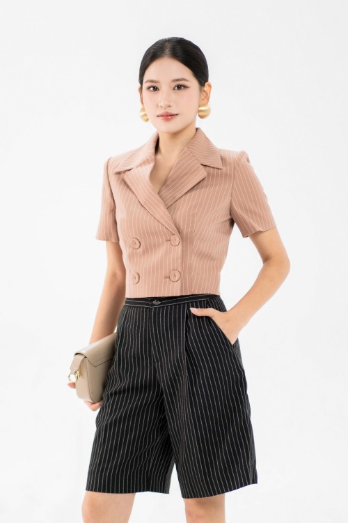 Sixdo Brownish-beige Stripe Cropped Woven Vest